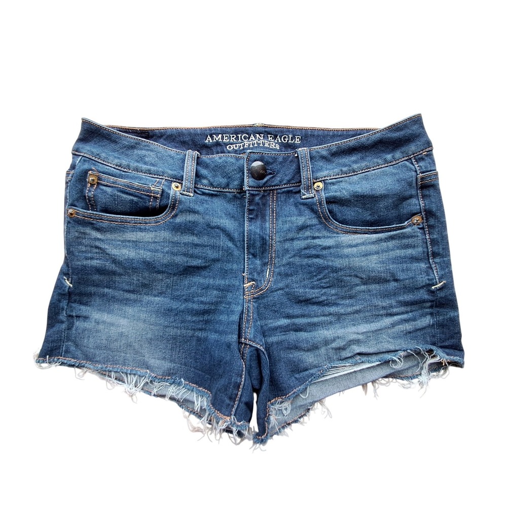 American Eagle Super Stretch Shortie Denim Shorts Dark Wash Raw Hem Size 8